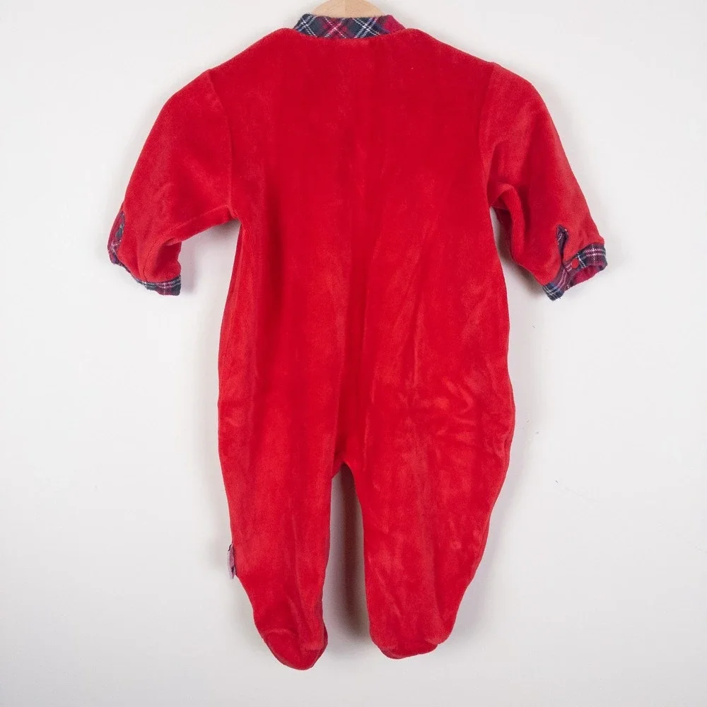 Vintage Little Me Christmas Sleeper Red Plaid Velour Footed Romper‎ Y2K Baby 6M